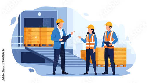 Warehouse workers discussing logistics and inventory management.