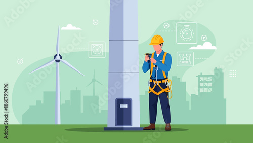 Wind Turbine Technician Inspecting Equipment Safely.