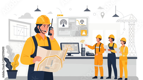 Woman engineer in hard hat holding radio and blueprint.