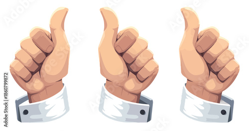 Illustration vectorielle de trois mains de dessin animé avec manches, faisant un pouce levé, sur fond transparent, symbolisant approbation et succès.