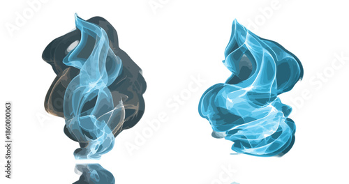 Formes abstraites transparentes et fluides de volutes bleues, évoquant fumée ou flamme stylisée, en rendu numérique sur fond blanc.