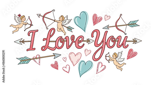 Charming Valentine's Day graphic with cute cupids and hearts