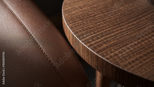 Close-up of a textured brown leather chair next to a dark wood grain table