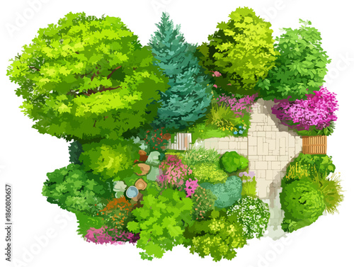 Vue aérienne détaillée d'un aménagement paysager luxuriant avec une variété d'arbres, d'arbustes et de fleurs colorées, idéal pour la conception de jardins.