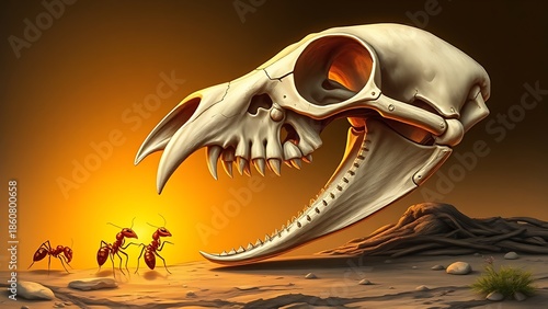 A detailed scientific illustration of a mammalian skull with an elongated snout targeting a single glowing anthill.