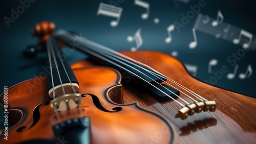 Artistic arrangement of violin and guitar with floating musical notes.
