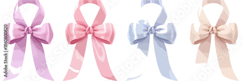 Quatre élégants nœuds décoratifs en ruban aux couleurs pastel délicates, isolés sur un fond transparent, parfaits pour la décoration et les célébrations.