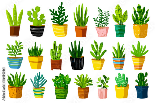 Collection vectorielle de plantes en pot, succulentes et cactus, avec des pots colorés, isolée sur un fond transparent pour la décoration intérieure.