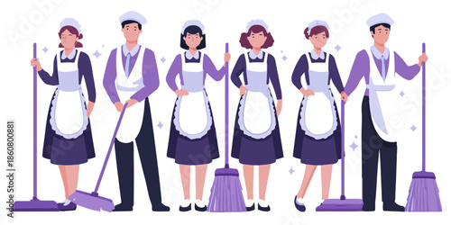 Équipe de nettoyage professionnelle avec hommes et femmes en uniformes, tenant balais et serpillères, prête à l'action sur fond transparent.