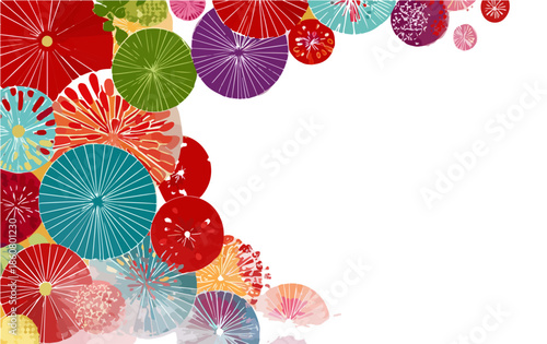 Composition décorative et festive de cercles colorés aux motifs abstraits, créant une bordure vive et lumineuse sur fond blanc.