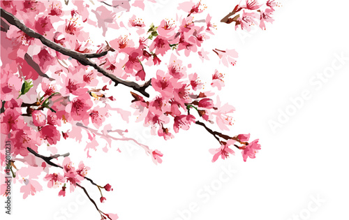 Illustration délicate de fleurs de cerisier roses sur des branches, parfaite pour un design printanier avec un fond transparent.