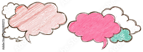 Bulles de dialogue colorées dessinées à la main, style enfantin, avec des nuages environnants, parfaites pour la communication visuelle et les messages créatifs.