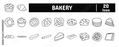 20 Bakery Line Icon Illustrator Set