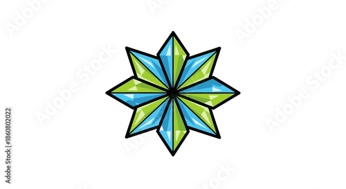 Stylized Eight-Pointed Star with Blue and Green Facets.