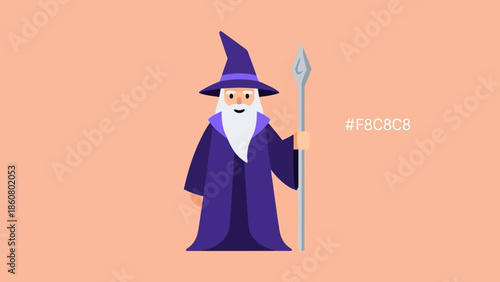 Illustration of a wizard with a staff and a pointed hat.