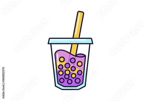 Colorful Boba Tea Illustration with Straw and Tapioca Pearls.