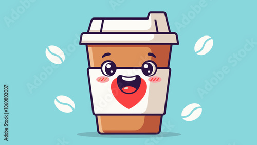 Cute Coffee Cup Character with Heart and Coffee Beans.