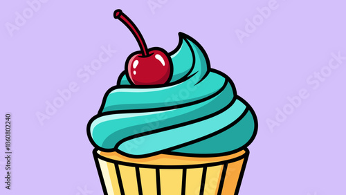 Delicious Cupcake with Turquoise Frosting and Cherry Topping Illustration.