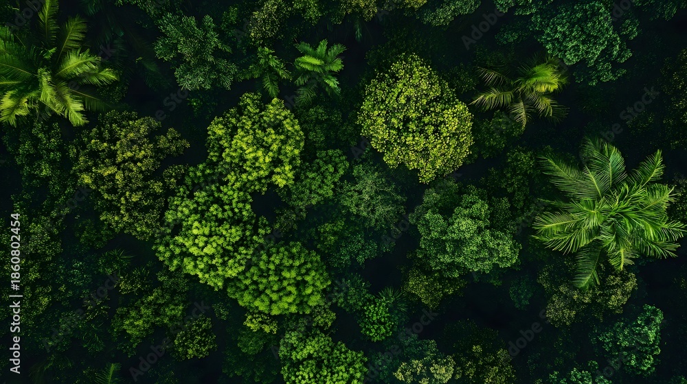 Naklejka premium An aerial view of a lush tropical forest canopy, showcasing a vibrant tapestry of green foliage.