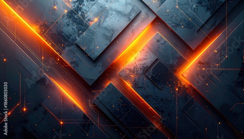 Abstract Futuristic Geometric Background with Glowing Orange Energy Lines.
