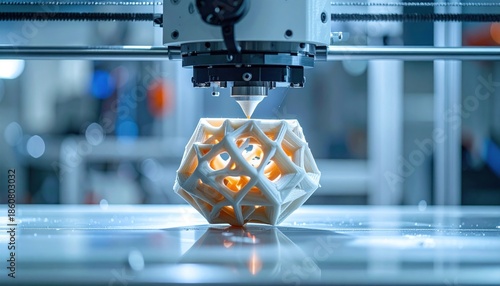Advanced 3D Printer Creating Intricate Geometric Object with Glowing Interior.