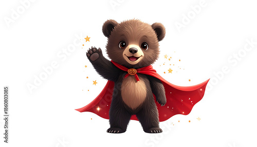 Adorable cartoon bear in a red cape, waving, with a smiling face and gold stars