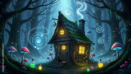 Magical Halloween Background Featuring an Enchanted Forest Cottage with Glowing Mushrooms and Spirals