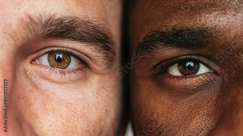 Close-up of eyes from two men with different skin tones in symmetrical composition, symbolizing racial equality, diversity, and human connection on a white background.