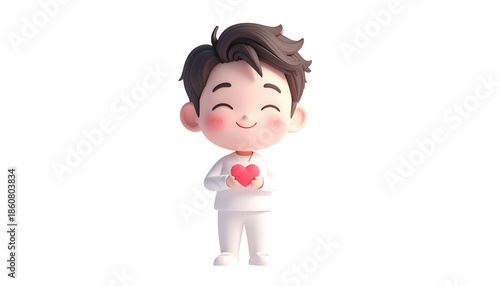 Whimsical cartoon man in white holding a heart, smiling, with a black background