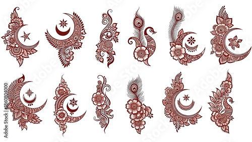 Karwa Chauth 2025 mehndi design vector transparent background. Arabic floral mandala moon peacock henna patterns isolated elements traditional festival illustration set.