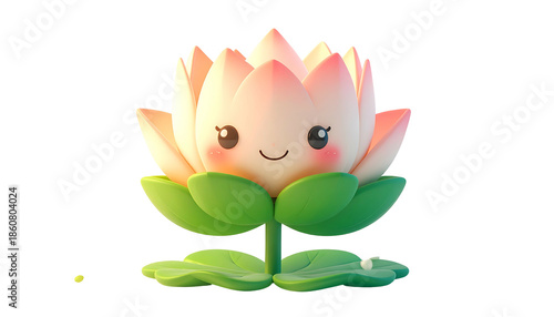 3D cartoon lotus flower with smiling face, pink petals, green leaves, and black background