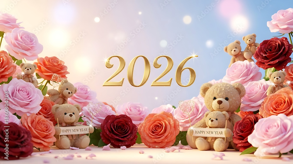 Fototapeta premium Happy new year 2026 greeting with teddy bears and pink roses
