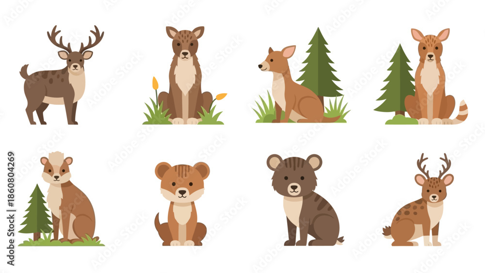 Naklejka premium charming cartoon forest animals collection featuring deer and bears