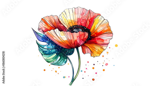 Vibrant watercolor poppy with a tropical leaf, set against a black background