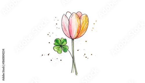 Delicate watercolor tulip with four-leaf clover on black background; light and airy