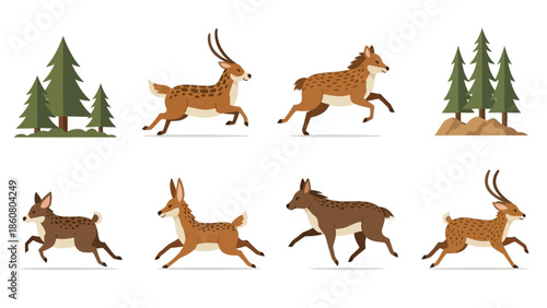 Cartoon illustration of deer running in forest vector set with trees and white background