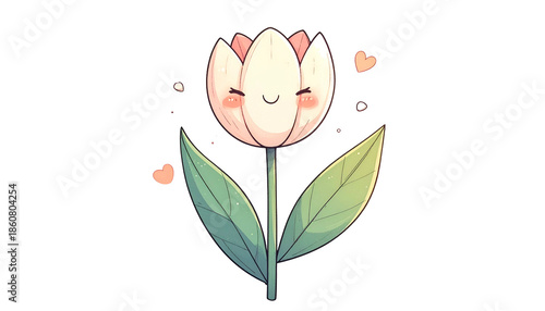 A cheerful, cartoon tulip with a smiling face, hearts, and soft coloring