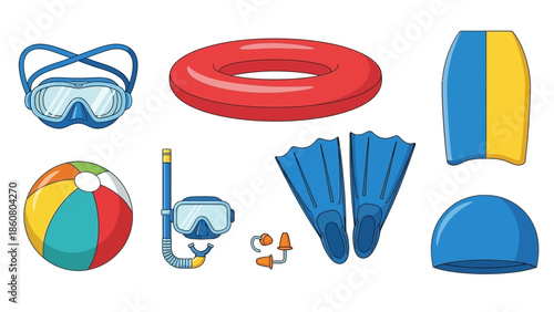 Cartoon collection of assorted swimming and snorkeling gear items on a white background