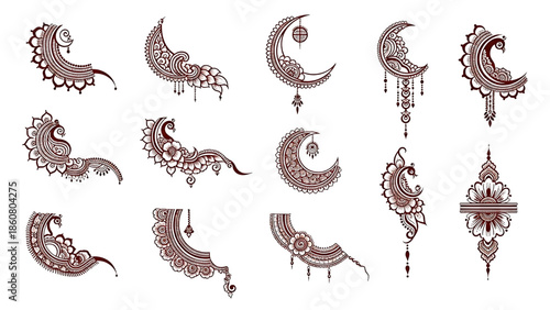 Karwa Chauth 2025 mehndi design vector transparent background. Arabic floral mandala moon peacock henna patterns isolated elements traditional festival illustration set