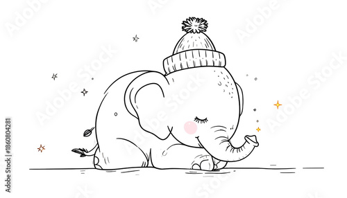 A cute, resting baby elephant wearing a knit hat, surrounded by glowing sparks on black
