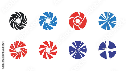 Collection of Abstract Circular Lens Aperture Symbols in Black Blue and Red Colors