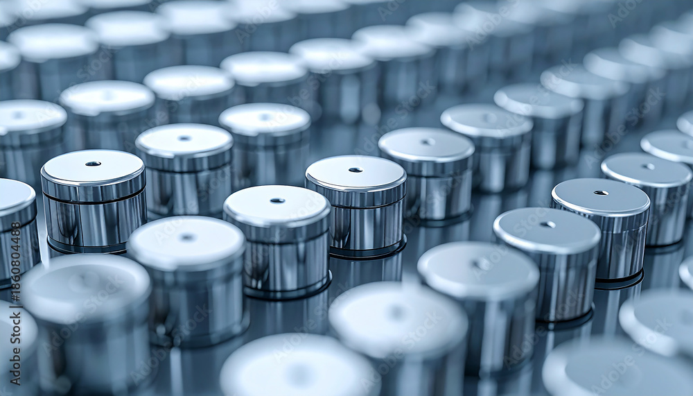 Obraz premium Industrial Precision: A close-up view unveils a neat array of meticulously aligned cylindrical metal components. The uniform arrangement highlights precision, reflecting innovation, and progress.