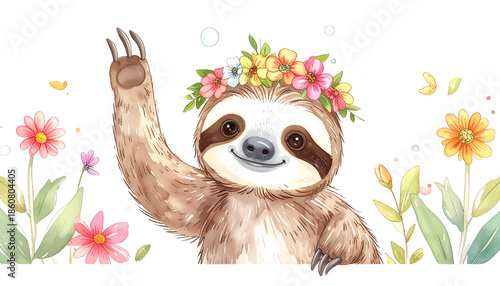 Watercolor sloth waving, wearing a flower crown, surrounded by colorful flowers