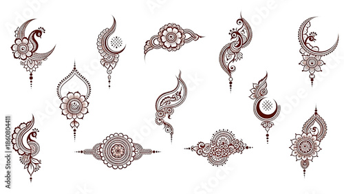 Karwa Chauth 2025 mehndi design vector transparent background. Arabic floral mandala moon peacock henna patterns isolated elements traditional festival illustration set.