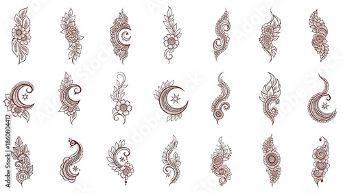 Karwa Chauth 2025 mehndi design vector transparent background. Arabic floral mandala moon peacock henna patterns isolated elements traditional festival illustration set.