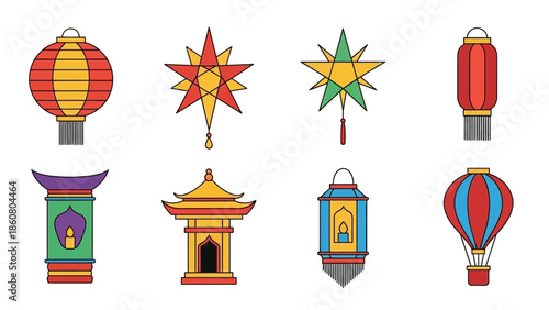 Collection of Colorful Asian Lanterns and Festive Decorations