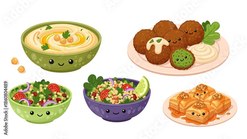 Cute Kawaii Middle Eastern Food Illustration Set - Hummus Falafel Tabbouleh and Baklava Vector Characters