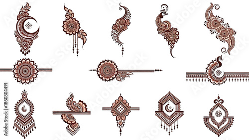 Karwa Chauth 2025 mehndi design vector transparent background. Arabic floral mandala moon peacock henna patterns isolated elements traditional festival illustration set.