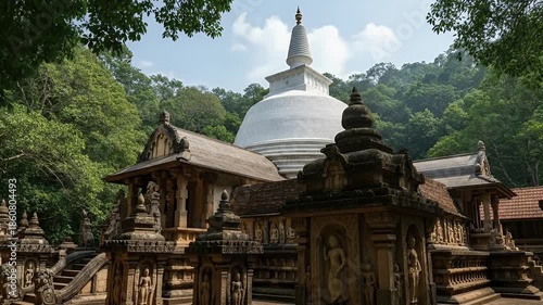 Ancient Buddhist Temple With White Stupa Surrounded By Green Lush Forest