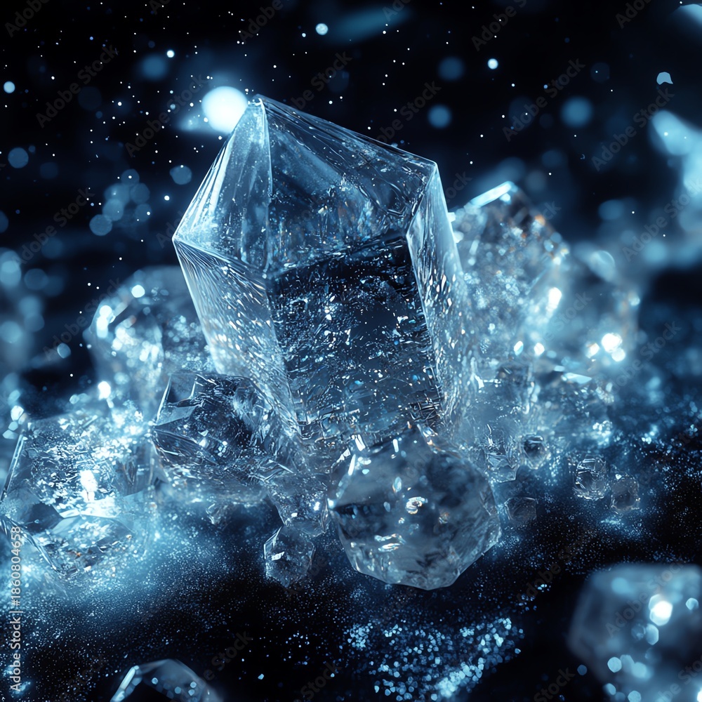 Obraz premium Impossible geometric ice formations in zero gravity, refracting cosmic supernova light from afar high resolution for isolate image
